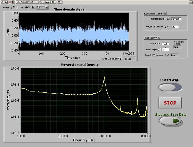 The LabVIEW Spectrum Analyzer VI runs continuously until the stop button is pressed. Each PSD is averaged with all the data that precedes it, so the spectrum gets cleaner the longer you acquire. Note that the "PSD controls" (Nfft, downsampling) can be changed on the fly, but to change the sampling rate you must stop and re-start the VI. Pressing "Stop and Save Data" pops up a window in which you can choose a file name to store the spectrum currently displayed.