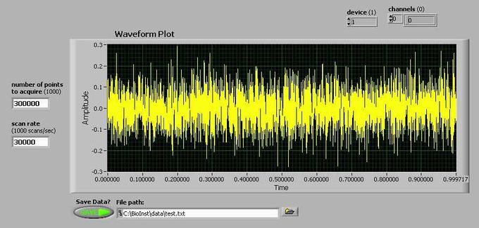 The LabVIEW Waveform Acquisition VI does a "one-shot" waveform capture in the time domain. Pre-set your desired parameters, including sampling rate, length of captured waveform, and ¯lename to save to, then press the Run (arrow) button to do the data capture. What you've captured appears in the waveform plot.